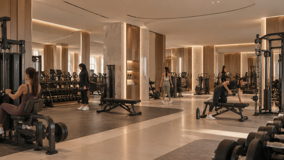 The main training floor: free weights, benches and resistance machines between stone columns and mirrored walls.