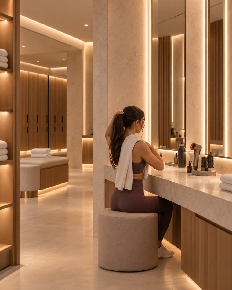 A lit vanity counter in the changing rooms, with stone surfaces, timber joinery and a member seated at the mirror.